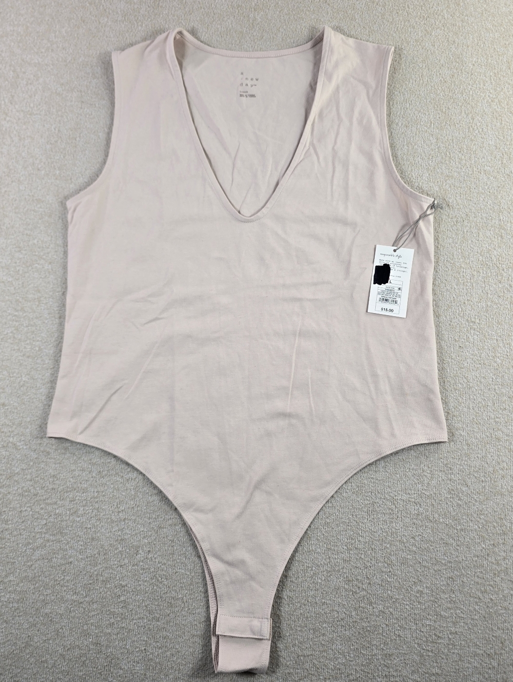 A New Day Womens Beige Sleeveless Bodysuit Deep V Neck Snap Closure Size L NWT